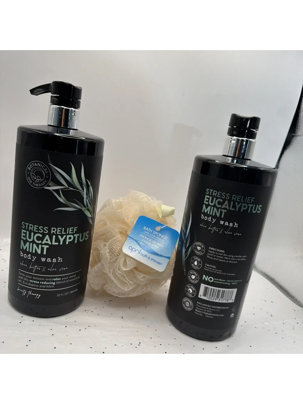2 Pack Botanical Spa Therapy Eucalyptus Mint Body Wash 33oz Shea Aloe + Sponge